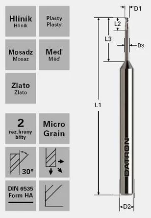 Dvojbritá fréza; D1=1,0 / D2=3,0 / D3=0,95 / L1=40 / L2=1,50 / L3=9 mm